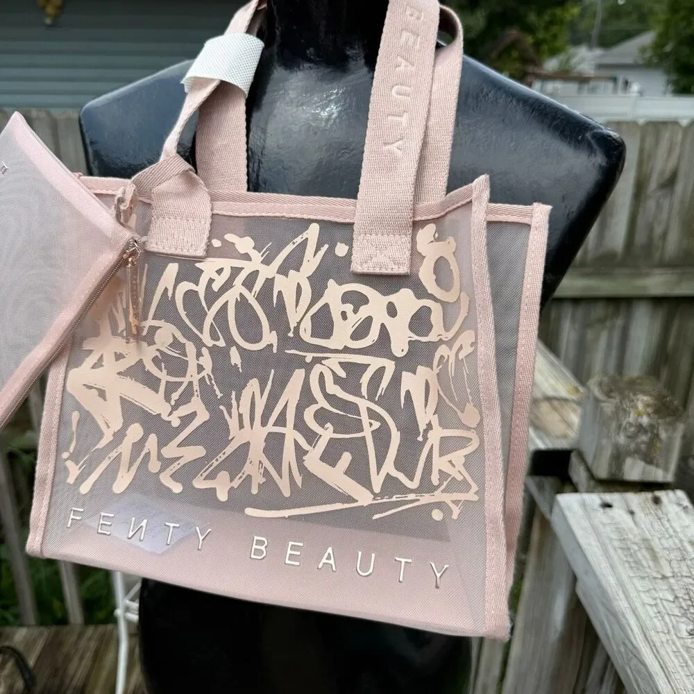 Fenty Beauty Pink Mesh Graffiti Tote Bag With Matching Zip Pouch